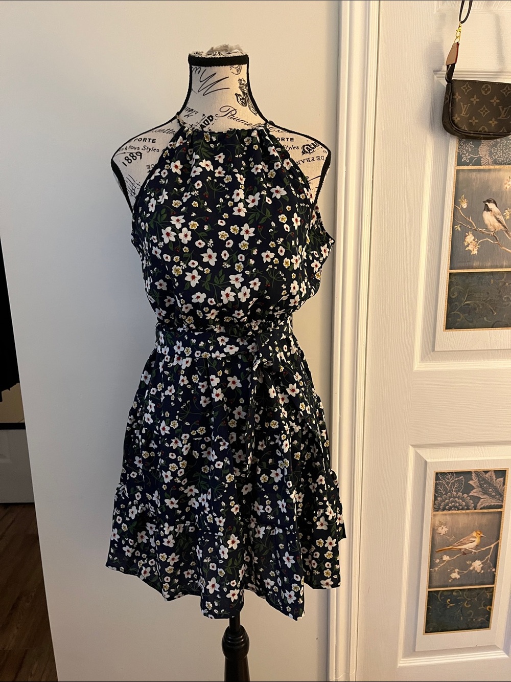 😃Floral Halter Tie-Waist Mini Dress - Navy